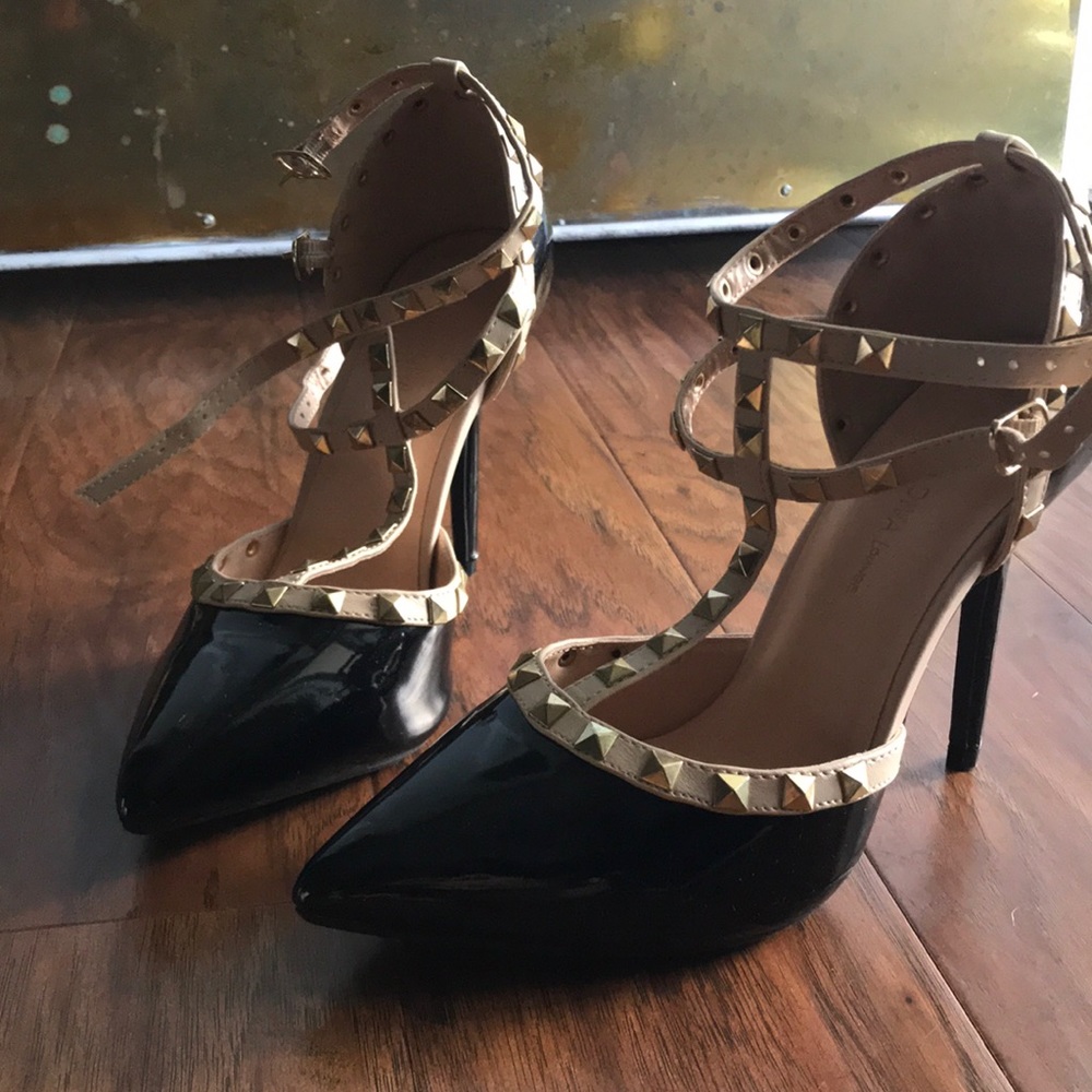 Gold Stud Strappy Ankle T-Strap Stiletto Heel Pump